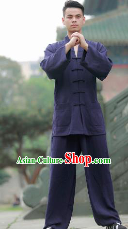 Traditional Chinese Wudang Taoist Priest Kung Fu Tai Chi Navy Outfits Martial Arts Competition Costume for Men