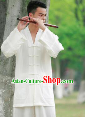 Traditional Chinese Wudang Taoist Priest Kung Fu Tai Chi White Outfits Martial Arts Competition Costume for Men