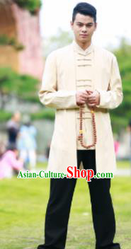 Traditional Chinese Kung Fu Tai Chi Beige Flax Jacket Martial Arts Competition Costume for Men