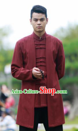 Traditional Chinese Kung Fu Tai Chi Purplish Red Flax Jacket Martial Arts Competition Costume for Men