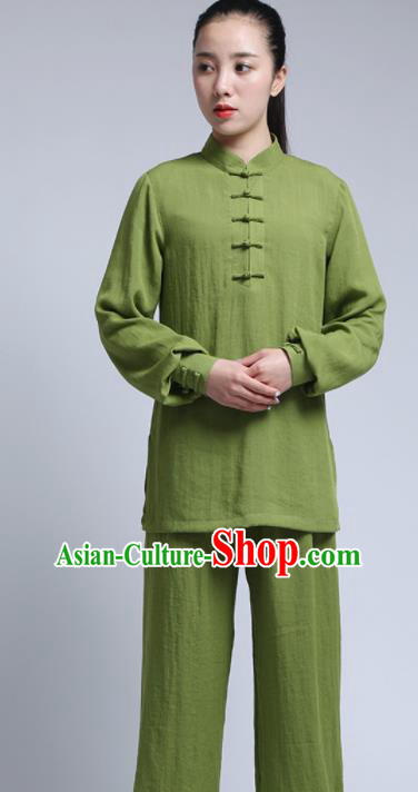 Chinese Traditional Wudang Martial Arts Olive Green Outfits Kung Fu Tai Chi Costume for Women