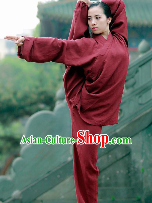 Chinese Traditional Wudang Taoist Priest Martial Arts Purplish Red Outfits Kung Fu Tai Chi Costume for Women