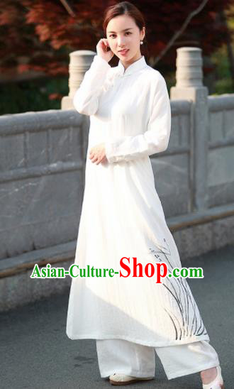 Chinese Traditional Tang Suit Painting Orchid White Qipao Dress Classical Cheongsam Costume for Women