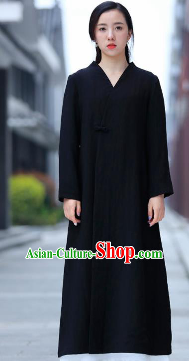 Chinese Traditional Tang Suit Black Flax Dust Coat Classical Overcoat Costume for Women