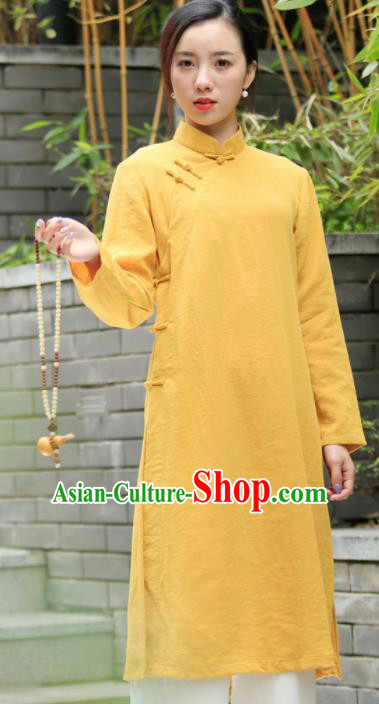 Chinese Traditional Tang Suit Yellow Flax Qipao Blouse Classical Overcoat Costume for Women