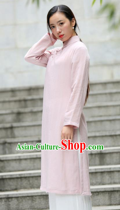 Chinese Traditional Tang Suit Pink Flax Qipao Blouse Classical Overcoat Costume for Women