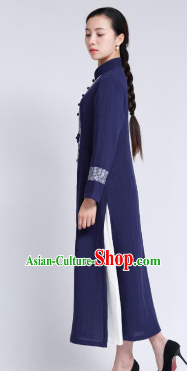 Chinese Traditional Tang Suit Navy Flax Cardigan Classical Overcoat Costume for Women