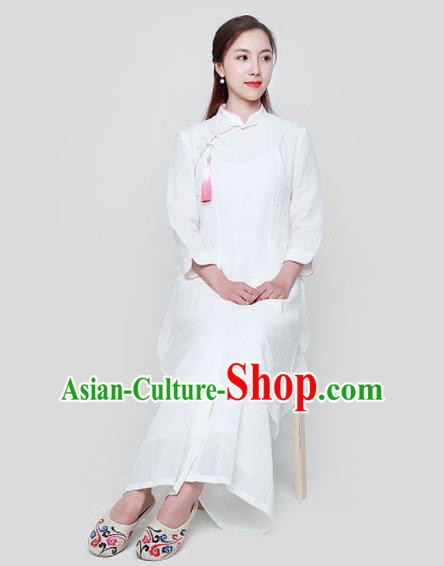 Chinese Traditional Tang Suit White Cheongsam Classical Qipao Dress Costume for Women