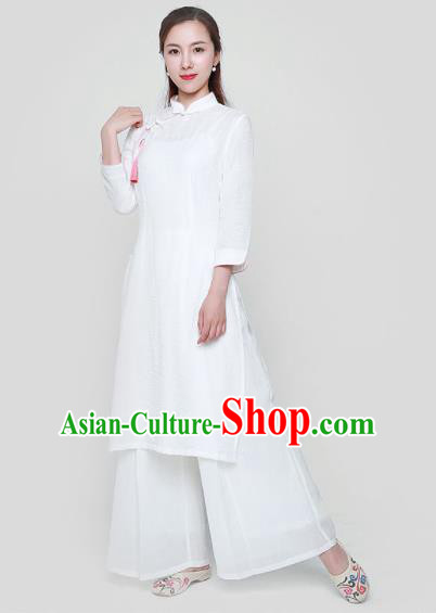 Chinese Traditional Tang Suit White Cheongsam Classical Qipao Dress Costume for Women
