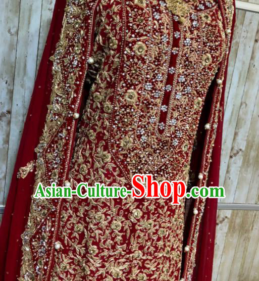 South Asia Pakistan Court Islam Bride Red Costumes Traditional Pakistani Wedding Luxury Embroidered Dress for Women