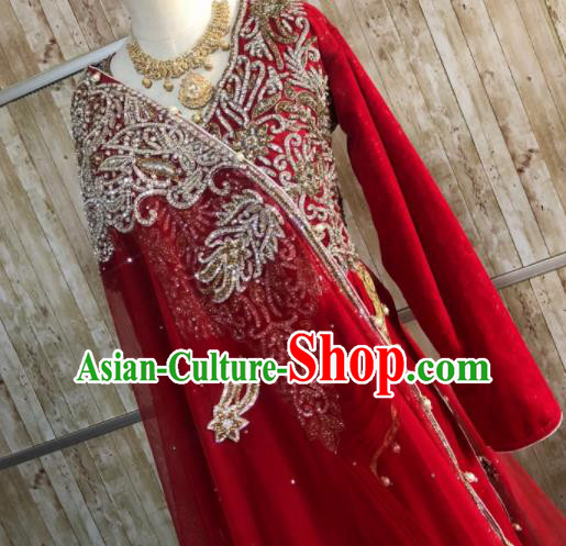 South Asia Pakistan Islam Bride Muslim Red Costumes Traditional Pakistani Hui Nationality Wedding Luxury Embroidered Dress for Women