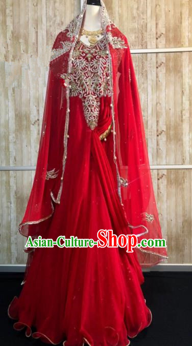 South Asia  Indian Bride Red Costumes Traditional   India Hui Nationality Wedding Luxury Embroidered Dress for Women