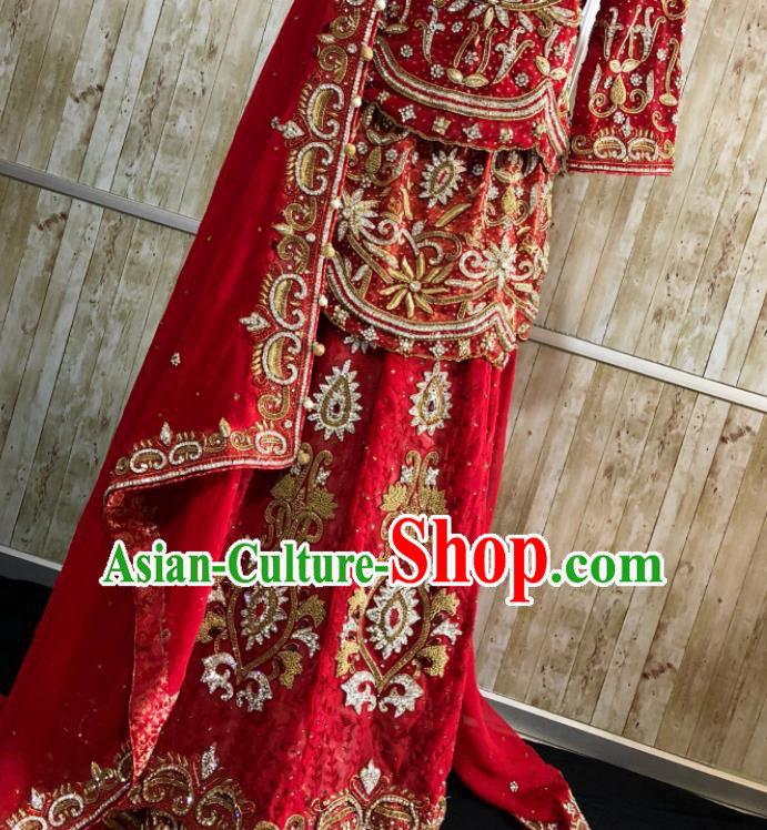 South Asia Pakistan Islam Bride Muslim Red Dress Traditional Pakistani Hui Nationality Wedding Luxury Embroidered Costumes for Women