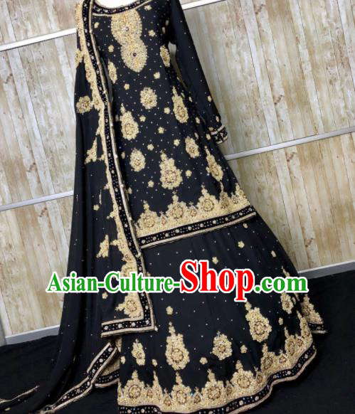 South Asia Pakistan Islam Bride Muslim Black Dress Traditional Pakistani Hui Nationality Wedding Luxury Embroidered Costumes for Women