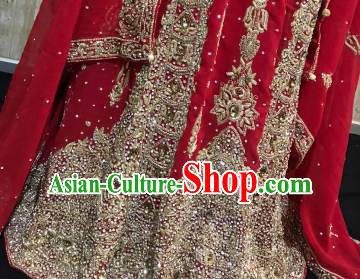 South Asia Pakistan Islam Bride Muslim Embroidered Wine Red Dress Traditional Pakistani Hui Nationality Wedding Luxury Costumes for Women