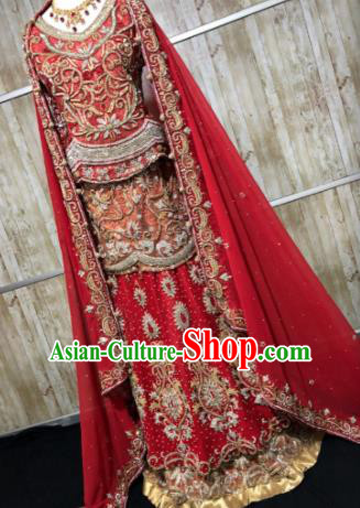 South Asia  Indian Bride Embroidered Red Dress Traditional   India Court Hui Nationality Wedding Costumes for Women