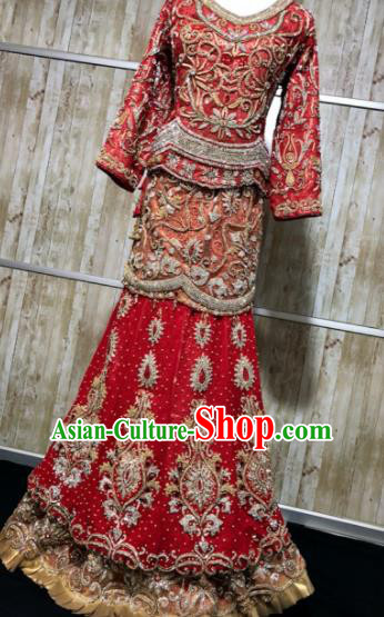 South Asia Pakistan Islam Bride Muslim Embroidered Red Dress Traditional Pakistani Court Hui Nationality Wedding Costumes for Women