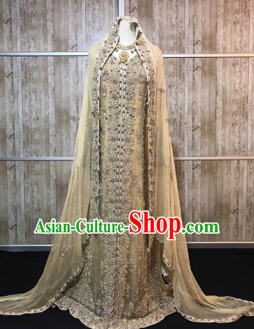South Asia  Indian Queen Embroidered Golden Dress Traditional   India Court Hui Nationality Wedding Costumes for Women