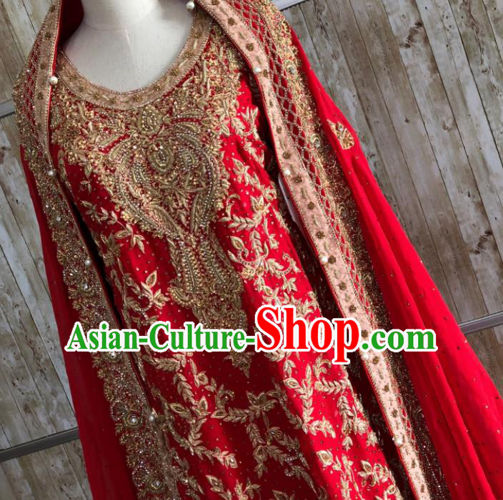 South Asia Pakistan Muslim Court Queen Embroidered Red Dress Traditional Pakistani Hui Nationality Islam Wedding Costumes for Women