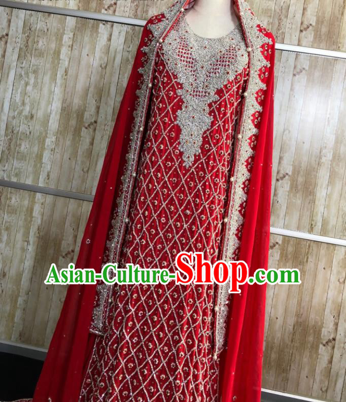South Asia Pakistan Court Muslim Bride Embroidered Red Dress Traditional Pakistani Hui Nationality Islam Wedding Costumes for Women