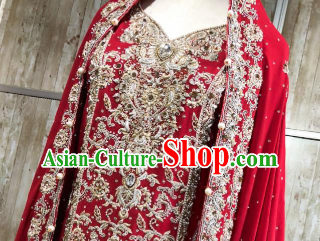 South Asia Pakistan Court Muslim Bride Red Embroidered Dress Traditional Pakistani Hui Nationality Islam Wedding Costumes for Women