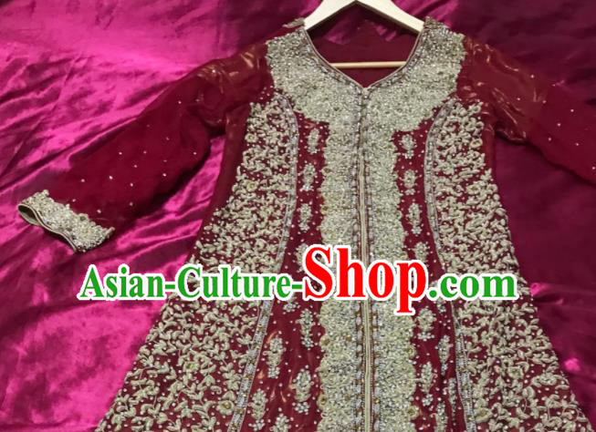 South Asia Pakistan Court Muslim Bride Wine Red Embroidered Dress Traditional Pakistani Hui Nationality Islam Wedding Costumes for Women