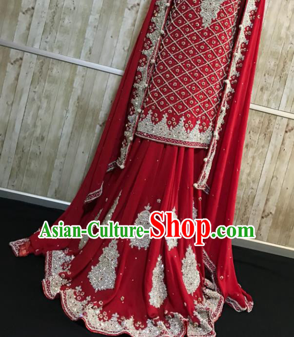 Asian Pakistan Court Queen Wedding Embroidered Dark Red Dress Traditional Pakistani Hui Nationality Islam Bride Costumes for Women