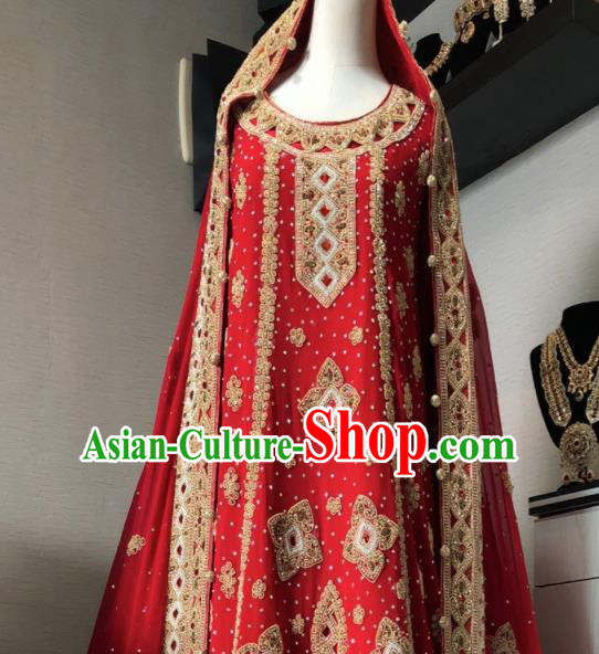 Asian Pakistan Court Bride Embroidered Red Wedding Dress Traditional Pakistani Hui Nationality Islam Costumes for Women