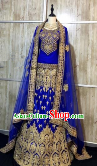 Asian  Indian Court Bride Embroidered Royalblue Wedding Dress Traditional   India Hui Nationality Costumes for Women