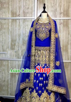 Asian Pakistan Court Bride Embroidered Royalblue Wedding Dress Traditional Pakistani Hui Nationality Islam Costumes for Women