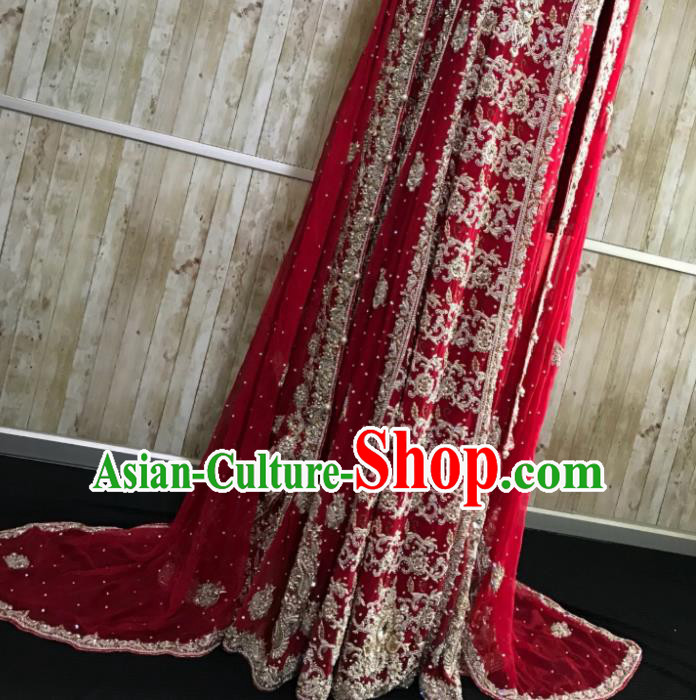 Asian Pakistan Court Bride Wedding Wine Red Embroidered Dress Traditional Pakistani Hui Nationality Islam Costumes for Women