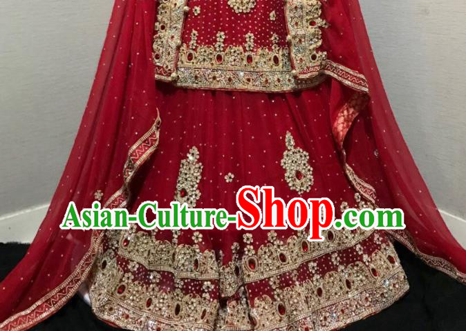 Asian Pakistan Court Wedding Wine Red Embroidered Dress Traditional Pakistani Hui Nationality Islam Costumes for Women