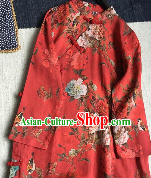 Chinese Traditional Tang Suit Red Ramie Cheongsam National Costume Printing Qipao Dress for Women