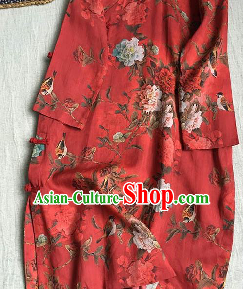 Chinese Traditional Tang Suit Red Ramie Cheongsam National Costume Printing Qipao Dress for Women