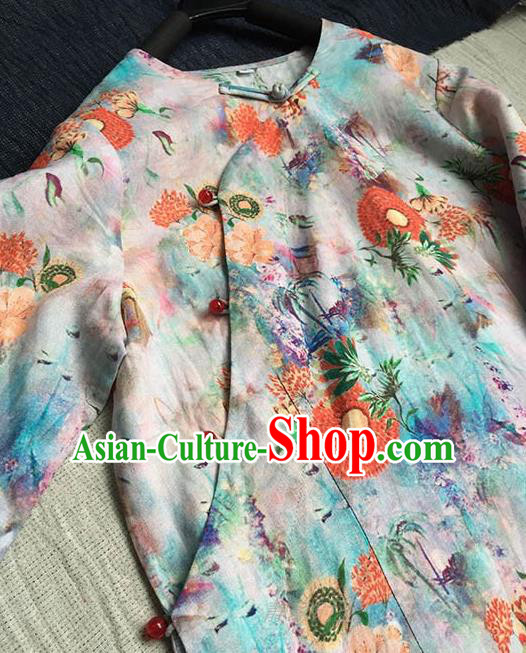 Chinese Traditional Tang Suit Printing Ramie Cheongsam National Costume Qipao Dress for Women