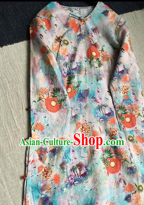 Chinese Traditional Tang Suit Printing Ramie Cheongsam National Costume Qipao Dress for Women
