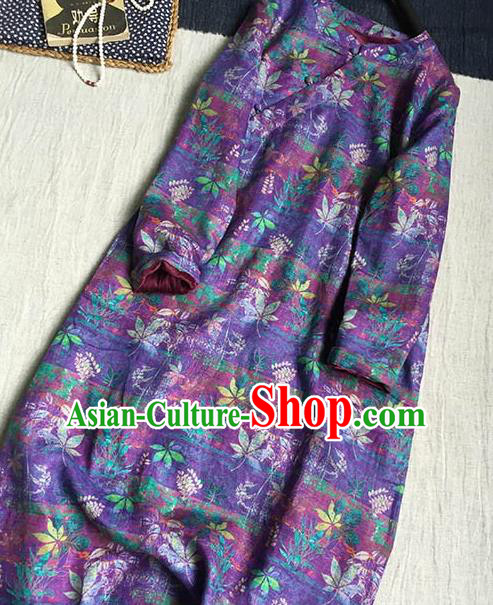 Chinese Traditional Tang Suit Printing Purple Flax Cheongsam National Costume Qipao Dress for Women