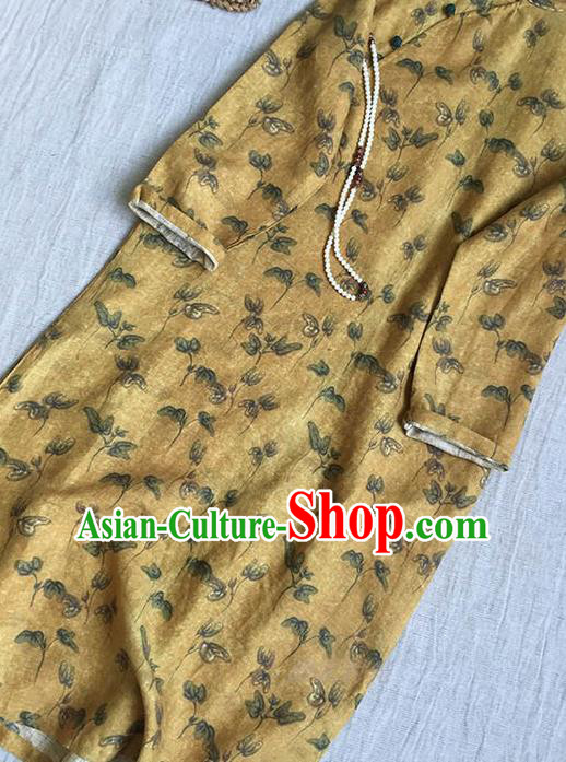 Chinese Traditional Tang Suit Printing Yellow Flax Cheongsam National Costume Qipao Dress for Women