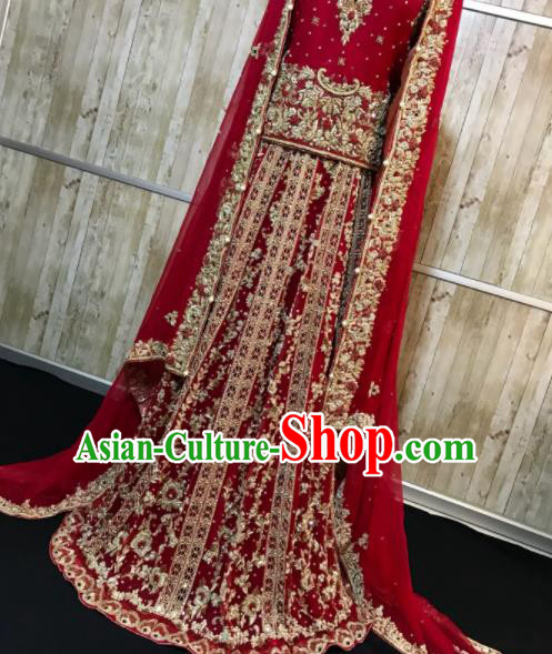 South Asia Pakistan Court Queen Dark Red Embroidered Dress Traditional Pakistani Hui Nationality Islam Bride Wedding Costumes for Women