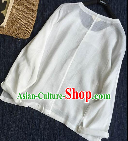 Chinese Traditional Tang Suit White Ramie Blouse National Upper Outer Garment Costume for Women