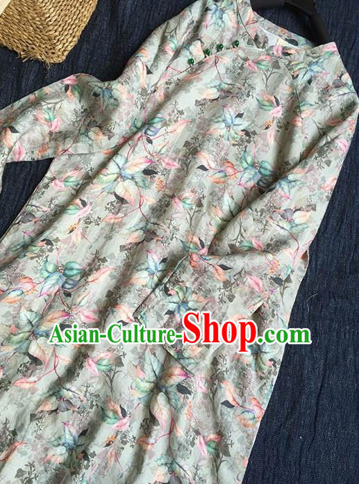 Chinese Traditional Tang Suit Printing Flax Cheongsam National Costume Qipao Dress for Women