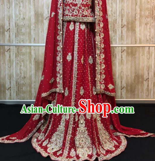 South Asia Pakistan Court Queen Red Embroidered Dress Traditional Pakistani Hui Nationality Islam Bride Wedding Costumes for Women