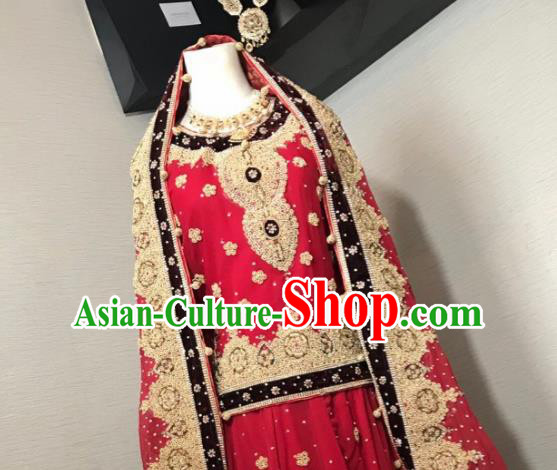 South Asia Pakistan Court Queen Wedding Embroidered Red Dress Traditional Pakistani Hui Nationality Islam Bride Costumes for Women
