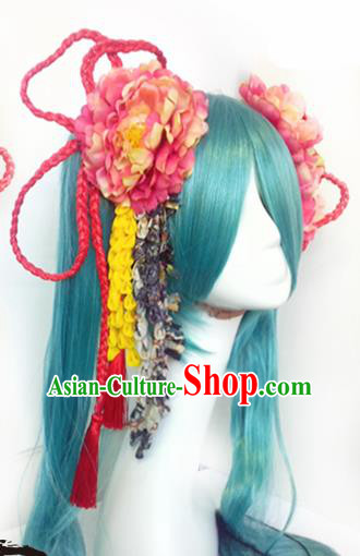 Top Grade Cosplay Fairy Swordsman Blue Wigs and Headwear for Women