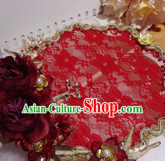 Traditional Chinese Classical Red Lace Palace Fans Hanfu Bride Fan for Women