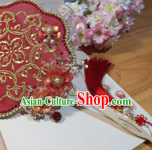 Traditional Chinese Classical Embroidered Red Palace Fans Hanfu Bride Silk Fan for Women