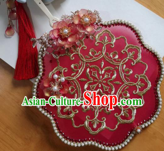 Traditional Chinese Classical Embroidered Red Palace Fans Hanfu Bride Silk Fan for Women