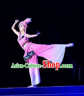 Phoenix Flying Qiang Dance Traditional Chinese Qiang Ethnic Minority Dance Pink Dress and Headwear for Women