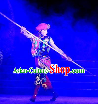 Phoenix Flying Qiang Dance Traditional Chinese Qiang Ethnic Minority Dance Red Costumes and Headwear for Men