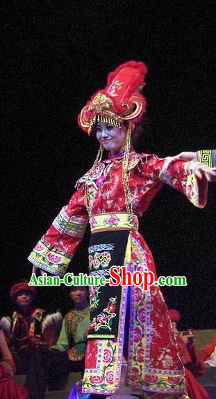 Phoenix Flying Qiang Dance Traditional Chinese Qiang Ethnic Minority Dance Wedding Red Dress and Headwear for Women